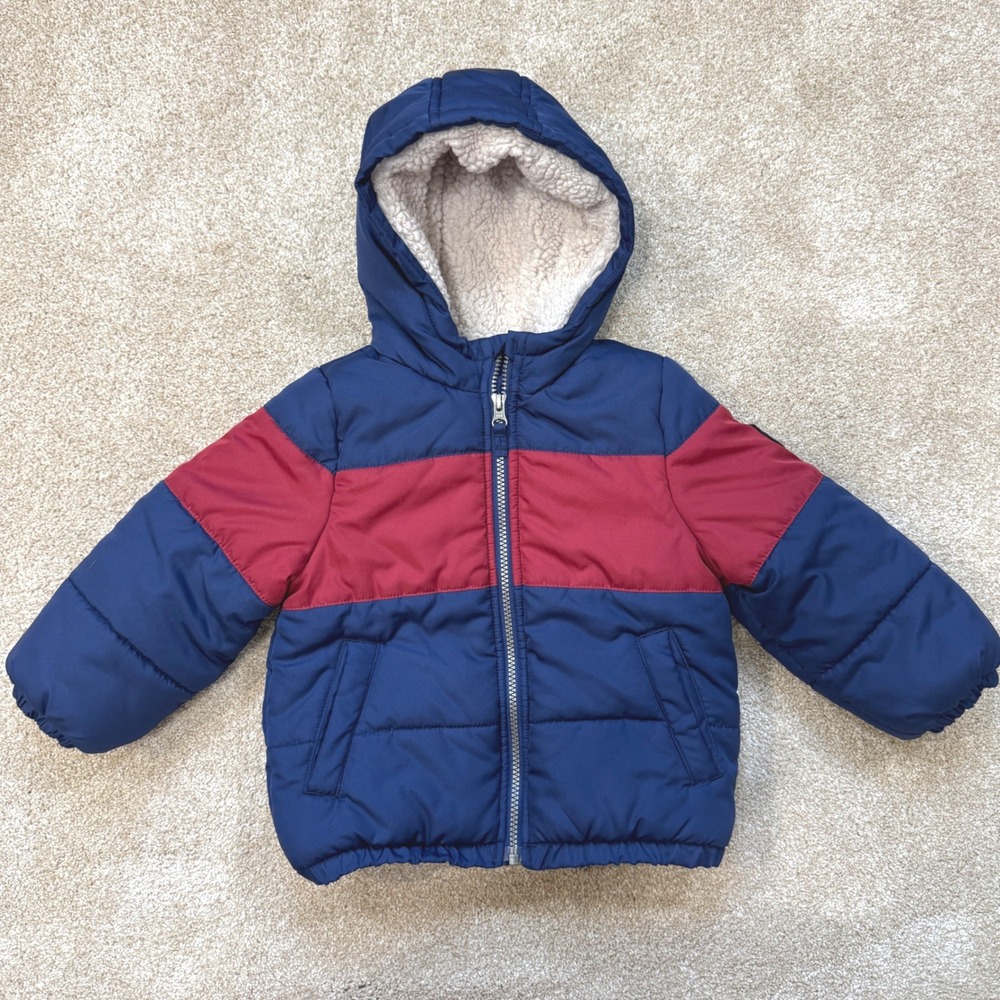OshKosh Bgosh Kids‎ 3T Puffer Jacket Navy Blue Red Sherpa Hooded Winter Coat